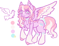 Size: 452x357 | Tagged: safe, artist:junniepiepoopop, derpibooru import, oc, oc only, oc:angel dove, pegasus, pony, blue eyes, chest fluff, clothes, coat markings, color palette, colored hooves, colored pinnae, colored wings, colored wingtips, curly hair, curly mane, curly tail, eye clipping through hair, eyebrows, eyebrows visible through hair, eyelashes, female, frilly socks, long mane, long socks, long tail, looking back, mare, multicolored wings, pegasus oc, pink mane, pink tail, purple coat, raffle, raised hoof, raised leg, simple background, smiling, socks, socks (coat marking), solo, spread wings, standing, tail, tied mane, tied tail, two toned mane, two toned tail, unshorn fetlocks, white background, wings