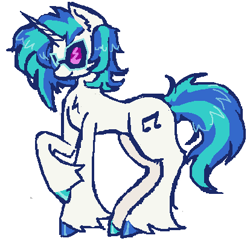Size: 414x399 | Tagged: safe, artist:junniepiepoopop, derpibooru import, dj pon-3, vinyl scratch, pony, unicorn, g4, alternate design, colored hooves, concave belly, female, fluffy, glasses, hoof polish, hooves, horn, long tail, mare, multicolored hooves, raised hoof, raised leg, shiny hair, shiny hooves, short mane, simple background, smiling, solo, standing, tail, thin, thin legs, two toned hair, unshorn fetlocks, vinyl's glasses, white background, white coat