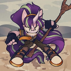 Size: 1000x1000 | Tagged: safe, artist:disaterror, derpibooru import, starlight glimmer, anthro, g4, boots, clothes, coat markings, colored pinnae, curved horn, desaturated, detailed background, evil grin, evil starlight, facial markings, female, fingerless gloves, gloves, grin, holding, horn, long mane, long tail, mealy mouth (coat marking), mobian, narrowed eyes, no catchlights, outdoors, pink fur, ponytail, purple eyes, s5 starlight, shoes, shrunken pupils, smiling, solo, sonic the hedgehog (series), sonicified, staff, staff of sameness, standing, star (coat marking), tail, tall ears, teeth, tied hair, two toned hair, two toned tail, watermark