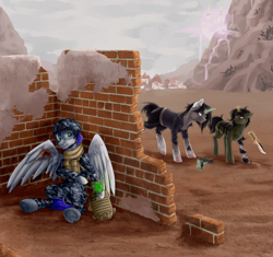 Size: 960x903 | Tagged: safe, artist:lexsin, derpibooru import, oc, oc only, pegasus, pony, unicorn, fallout equestria, blood, brick wall, camouflage, canterlot, gun, hiding, horn, pipbuck, ponyville, trio, weapon