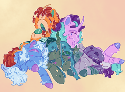 Size: 1822x1339 | Tagged: safe, artist:tottallytoby, derpibooru import, maud pie, queen chrysalis, starlight glimmer, sunburst, trixie, changeling, changeling queen, earth pony, pony, unicorn, g4, a better ending for chrysalis, alternate design, alternate hairstyle, alternate tailstyle, alternate universe, beanbrows, blaze (coat marking), blue coat, blue mane, blue tail, blush scribble, blushing, butt fluff, clothes, coat markings, colored eartips, colored eyebrows, colored hooves, colored horn, colored mouth, colored muzzle, colored pinnae, curled up, curly hair, curly mane, curved horn, dot eyes, dress, ear fluff, ear freckles, ear piercing, earring, ears, eye clipping through hair, eyebrows, eyebrows visible through hair, eyes closed, eyeshadow, facial markings, female, fetlock tuft, floppy ears, freckles, gradient background, gray coat, green eyes, group, horn, jewelry, leg fluff, leonine tail, looking down, lying down, makeup, male, mare, mealy mouth (coat marking), missing accessory, one eye closed, open mouth, orange coat, piercing, pink coat, prone, purple eyes, purple mane, quintet, raised hoof, raised leg, shiny hooves, short mane, sitting, sleep pile, sleeping, sleeping together, socks (coat marking), splotches, stallion, straight mane, tail, thick eyebrows, tunic, two toned mane, unicorn horn, wall of tags, yawn
