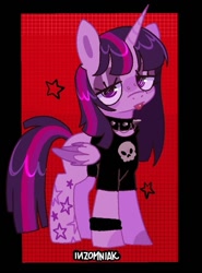 Size: 661x894 | Tagged: safe, artist:inzomniak, derpibooru import, twilight sparkle, twilight sparkle (alicorn), alicorn, pony, g4, alternate cutie mark, alternate hairstyle, alternate tailstyle, black sclera, black shirt, bracelet, choker, colored wings, goth, horn, jewelry, long mane, looking at you, purple coat, purple eyes, red background, simple background, solo, stars, tail, title card, tongue, tongue out, two toned mane, two toned tail, two toned wings, wings