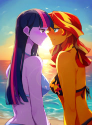 Size: 992x1344 | Tagged: safe, ai content, derpibooru import, editor:masterdarhil, machine learning generated, sunset shimmer, twilight sparkle, human, equestria girls, g4, bare shoulders, beach, bikini, blushing, close-up, clothes, duo, duo female, eye contact, eyebrows, eyebrows visible through hair, female, imminent kissing, lesbian, long hair, looking at each other, looking at someone, ocean, outdoors, photoshop, prompter:sammykun, recolor, shadow, shipping, side view, sleeveless, slender, smiling, smiling at each other, sunset, sunsetsparkle, swimsuit, thin, two-piece swimsuit, water