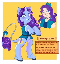 Size: 1902x2011 | Tagged: safe, artist:aloe_soda, derpibooru import, human, pony, unicorn, abigail (stardew valley), choker, clothes, female, horn, leonine tail, looking at you, ponified, rearing, smiling, smiling at you, solo, species swap, stardew valley, tail, text, vest