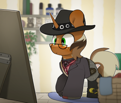 Size: 3420x2912 | Tagged: safe, artist:mochi_nation, derpibooru import, oc, oc only, oc:macchiato, clothes, commission, costume, cowboy hat, hat, looking at mirror, male, solo, ych result, your character here
