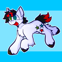 Size: 1600x1600 | Tagged: safe, artist:electronicfurbymusic, derpibooru import, pony, unicorn, awsten knight, blue background, dyed mane, dyed tail, grin, happy, heterochromia, horn, leaping, open mouth, ponified, simple background, smiling, solo, species swap, tail, two toned mane, two toned tail, unshorn fetlocks, waterparks