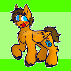 Size: 652x652 | Tagged: safe, artist:electronicfurbymusic, derpibooru import, pegasus, pony, blue eyes, brown mane, brown tail, folded wings, geoff wigington, green background, grin, happy, open mouth, orange coat, ponified, raised hoof, raised leg, simple background, smiling, solo, species swap, tail, unshorn fetlocks, waterparks, wings