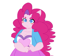 Size: 693x611 | Tagged: safe, artist:channydraws, derpibooru import, pinkie pie, anthro, earth pony, g4, blush sticker, blushing, breasts, cleavage, clothes, colored pupils, equestria girls outfit, female, looking at you, mare, pinkie pies, simple background, solo, white background