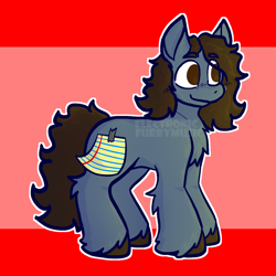 Size: 652x652 | Tagged: safe, artist:electronicfurbymusic, derpibooru import, earth pony, pony, blue coat, brown eyes, brown mane, brown tail, closed mouth, covered cutie mark, happy, otto wood, paper, ponified, red background, simple background, smiling, solo, species swap, standing, tail, unshorn fetlocks, waterparks, wavy mane, wavy tail, wings