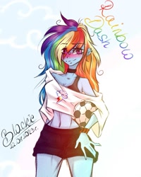 Size: 935x1169 | Tagged: safe, artist:black__dash_, derpibooru import, rainbow dash, human, equestria girls, g4, belly, belly button, blushing, bra, bra strap, breasts, choker, cleavage, clothes, collarbone, concave belly, cutie mark on clothes, date (time), ear piercing, earring, eye clipping through hair, eyebrows, eyebrows visible through hair, female, football, jewelry, looking at you, midriff, name, piercing, shorts, signature, skinny, smiling, smiling at you, solo, sports, thin, underwear, wristband
