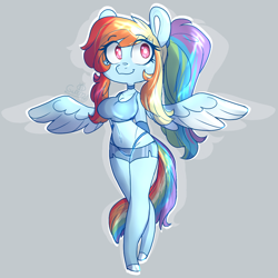 Size: 1080x1080 | Tagged: safe, artist:gummygoatgalaxy, derpibooru import, rainbow dash, anthro, pegasus, unguligrade anthro, g4, alternate hairstyle, arm behind back, belly button, big breasts, breasts, choker, clothes, eyebrows, eyebrows visible through hair, female, gray background, hot pants, mare, midriff, outline, panties, ponytail, rainboob dash, signature, simple background, smiling, solo, spread wings, thong, underwear, white pupils, wings