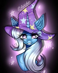 Size: 1005x1256 | Tagged: safe, artist:black__dash_, derpibooru import, trixie, pony, unicorn, g4, bust, clothes, date (time), eye clipping through hair, female, hat, horn, looking at you, mare, signature, smiling, smiling at you, solo, stars, trixie's hat