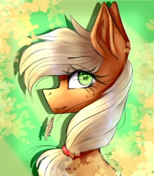 Size: 1080x1233 | Tagged: safe, artist:black__dash_, derpibooru import, applejack, earth pony, pony, g4, bust, date (time), eye clipping through hair, eyebrows, eyebrows visible through hair, female, green background, looking at you, mare, shadow, signature, simple background, smiling, smiling at you, solo, straw in mouth