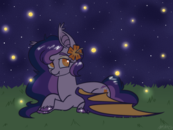 Size: 1200x900 | Tagged: safe, artist:missmagicalgirl, derpibooru import, oc, oc only, oc:midnight mango, bat pony, firefly (insect), insect, pony, bat pony oc, colored hooves, commission, female, flower, flower in hair, grass, grass field, lying down, night, solo, unshorn fetlocks, your character here