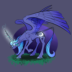 Size: 2000x2000 | Tagged: safe, artist:lafysaphy, derpibooru import, princess luna, alicorn, pony, g4, abstract background, circle background, concave belly, ethereal mane, ethereal tail, female, glowing, glowing cutie mark, glowing horn, grass, high res, horn, large wings, leonine tail, long horn, magic, mare, partially open wings, s1 luna, slender, solo, tail, thin, wings