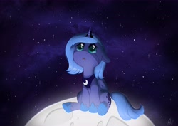 Size: 7015x4960 | Tagged: safe, artist:azilluwu, derpibooru import, princess luna, alicorn, pony, g4, absurd resolution, adorable distress, crying, cute, ears, female, filly, floppy ears, foal, looking up, moon, sitting, solo, tangible heavenly object, woona, younger