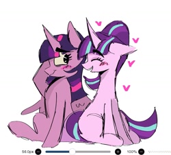 Size: 1313x1188 | Tagged: safe, artist:billtism, derpibooru import, starlight glimmer, twilight sparkle, twilight sparkle (alicorn), alicorn, pony, unicorn, g4, blushing, duo, eyebrows, eyebrows visible through hair, female, heart, heart eyes, horn, lesbian, mare, ponytail, s5 starlight, shipping, simple background, sitting, twistarlight, white background, wingding eyes
