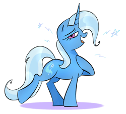 Size: 2100x1900 | Tagged: safe, artist:lafysaphy, derpibooru import, trixie, pony, unicorn, g4, female, hoof on chest, horn, looking at you, mare, open mouth, open smile, side view, simple background, smiling, solo, stars, strutting, white background