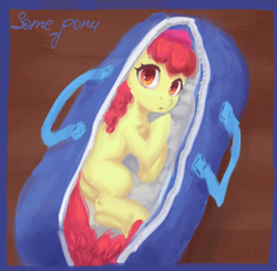 Size: 3064x3000 | Tagged: safe, artist:some_ponu, derpibooru import, apple bloom, earth pony, pony, adorabloom, bag, blank flank, cute, duffle bag, female, filly, foal, looking at you, pony in a bag, signature, solo