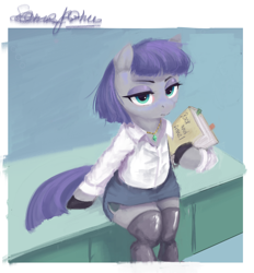 Size: 2304x2480 | Tagged: safe, artist:some_ponu, artist:t72b, derpibooru import, maud pie, earth pony, pony, book, clothes, female, jewelry, mare, office lady, sitting, socks, solo, thigh highs, waifu material