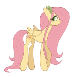 Size: 2000x2048 | Tagged: safe, artist:risswm, derpibooru import, fluttershy, pegasus, pony, g4, alternate cutie mark, concave belly, female, flower, flower in hair, high res, long legs, long mane, looking back, mare, simple background, solo, thin, white background