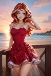 Size: 1024x1536 | Tagged: safe, ai content, derpibooru import, editor:sammykun, generator:yodayo, machine learning generated, sunset shimmer, human, g4, bare shoulders, beach, beautiful, blurry background, breasts, cleavage, clothes, cloud, coast, dress, female, flower, hand on hair, humanized, legs, long hair, looking at you, ocean, off shoulder, outdoors, pose, prompter:sammykun, railing, reasonably sized breasts, red dress, rose, skinny, skirt, sleeveless, sleeveless dress, slender, smiling, smiling at you, solo, strapless, sunset, sunset jiggler, thighs, thin, turquoise eyes, water, wood