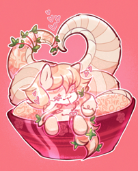 Size: 768x949 | Tagged: safe, artist:iamsmileo, derpibooru import, oc, oc only, oc:ichordrop, oc:peach "cassiopeia" blossom, lamia, original species, snake, bindings, bowl, cuddling, duo, duo female, eyes closed, female, flower, forked tongue, heart, leaves, leaves in hair, siblings, signature, simple background, sisters, snakepony, striped tail, tail, tongue, tongue out