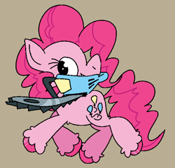 Size: 562x540 | Tagged: safe, artist:the---robbie72, derpibooru import, pinkie pie, earth pony, pony, g4, brown background, chainsaw, female, mare, mouth hold, simple background, smiling, solo, unshorn fetlocks