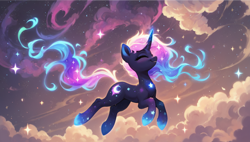 Size: 1920x1088 | Tagged: safe, ai content, derpibooru import, edit, generator:novelai, generator:stable diffusion, machine learning generated, oc, oc only, unicorn, cloud, ethereal mane, ethereal tail, eyes closed, female, floating, full body, generator:autismmix confetti, glowing, glowing horn, horn, mare, nebula, prompter needed, side view, smiling, solo, stars, tail, unicorn oc, wallpaper