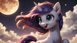 Size: 2560x1440 | Tagged: safe, ai content, derpibooru import, generator:stable diffusion, machine learning generated, oc, oc only, pony, unicorn, g4, cloud, female, floating, generator:autismmix confetti, horn, mare, moon, night, prompter:truekry, sky, smiling, solo, stars, unicorn oc