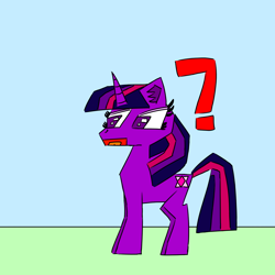 Size: 1500x1500 | Tagged: safe, artist:icycrymelon, derpibooru import, twilight sparkle, pony, unicorn, g4, blue background, confused, horn, open mouth, question mark, simple background, solo, standing