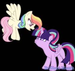 Size: 568x534 | Tagged: safe, artist:brilliantmonth, derpibooru import, oc, oc only, alicorn, pegasus, 2017, black background, duo, duo female, female, looking at each other, looking at someone, magical lesbian spawn, offspring, parent:fluttershy, parent:rainbow dash, parent:starlight glimmer, parent:twilight sparkle, parents:flutterdash, parents:twistarlight, simple background