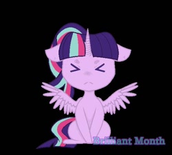 Size: 540x487 | Tagged: safe, artist:brilliantmonth, derpibooru import, oc, oc only, alicorn, 2017, ><, black background, ears, eyes closed, female, floppy ears, frown, magical lesbian spawn, offspring, parent:starlight glimmer, parent:twilight sparkle, parents:twistarlight, simple background, sitting, solo