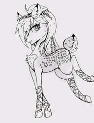 Size: 2926x3822 | Tagged: safe, artist:hysteriana, derpibooru import, oc, oc:evening lake, deer, deer pony, hybrid, original species, chest fluff, deer oc, deerified, ear fluff, ears, female, fluffy tail, hair accessory, hooves, long legs, magic, non-pony oc, ornament, patch, pattern, pigtails, short tail, simple background, sketch, solo, species swap, spots, spotted, tail, traditional art, white background