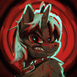 Size: 1920x1920 | Tagged: safe, artist:rvsd, derpibooru import, oc, oc only, pony, unicorn, abstract background, blood, collar, horn, male, scar, sharp teeth, solo, spiked collar, stallion, teeth