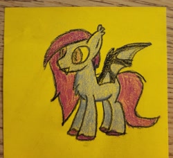 Size: 2855x2599 | Tagged: safe, artist:volk204, derpibooru import, bat pony, simple background, solo, traditional art, yellow background