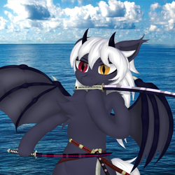 Size: 4000x4000 | Tagged: safe, artist:twinky, derpibooru import, oc, oc only, bat pony, semi-anthro, bat wings, belly, belly button, chest fluff, ear fluff, ears, heterochromia, horns, katana, mouth hold, ocean, one piece, solo, spread wings, sword, water, weapon, wings