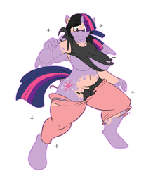 Size: 886x1017 | Tagged: safe, artist:robertge, derpibooru import, twilight sparkle, twilight sparkle (alicorn), alicorn, anthro, human, unguligrade anthro, black hair, breasts, disappearing clothes, female, glasses, human to anthro, light skin, mid-transformation, simple background, sparkles, species swap, transformation, white background