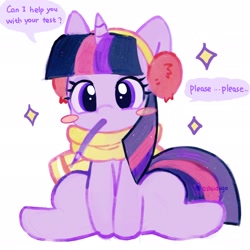 Size: 2048x2048 | Tagged: safe, artist:azhiichigo, derpibooru import, twilight sparkle, pony, unicorn, blushing, clothes, earmuffs, female, horn, looking at you, mare, mouth hold, scarf, simple background, sitting, solo, sparkles, speech bubble, spread legs, spreading, white background