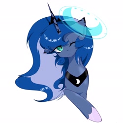 Size: 2048x2048 | Tagged: safe, artist:zhongye47342, derpibooru import, princess luna, alicorn, pony, bust, female, looking at you, magic, mare, one eye closed, portrait, simple background, solo, white background