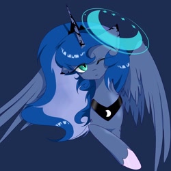 Size: 2048x2048 | Tagged: safe, alternate version, artist:zhongye47342, derpibooru import, princess luna, alicorn, pony, blue background, bust, dark blue background, female, looking at you, magic, mare, one eye closed, portrait, simple background, solo, spread wings, wings