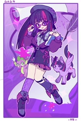 Size: 1200x1800 | Tagged: safe, artist:tamari, derpibooru import, spike, twilight sparkle, twilight sparkle (alicorn), alicorn, dragon, human, pony, abstract background, belt, boots, clothes, female, glasses, hat, humanized, jacket, mare, parchment, quill, self paradox, self ponidox, shoes, skirt, smiling, socks, sparkle, text