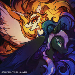 Size: 750x750 | Tagged: safe, artist:tkotu434, derpibooru import, daybreaker, nightmare moon, alicorn, pony, g4, antagonist, armor, black background, blue eyes, blue mane, colored pupils, crown, digital art, duo, duo female, ethereal mane, eyelashes, eyeshadow, fangs, feather, female, flowing mane, gem, golden eyes, helmet, horn, jewelry, lidded eyes, looking at you, makeup, mane of fire, mare, open mouth, open smile, peytral, regalia, siblings, signature, simple background, sisters, smiling, smiling at you, sparkles, spread wings, starry mane, stars, teeth, villainess, wing armor, wings