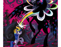 Size: 3960x3060 | Tagged: artist needed, safe, nightmare moon, twilight sparkle, unicorn twilight, alicorn, pony, unicorn, alternate design, concept art, crown, duo, element of magic, female, gem, jewelry, magic, mare, moon, official, official art, rainbow, regalia, stars, the art of equestria, twilight twinkle, what could have been