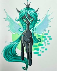 Size: 1630x2048 | Tagged: safe, alternate version, artist:dollbunnie, derpibooru import, queen chrysalis, changeling, changeling queen, pony, g4, abstract background, female, mare, slit eyes, solo, traditional art