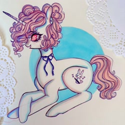 Size: 2048x2042 | Tagged: safe, artist:dollbunnie, derpibooru import, oc, oc only, oc:dollie, pony, unicorn, abstract background, female, horn, lying down, mare, prone, traditional art