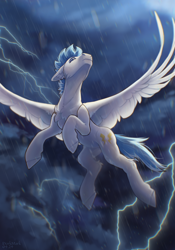 Size: 1668x2388 | Tagged: safe, artist:dorkmark, derpibooru import, oc, oc only, pegasus, pony, belly, flying, from below, hooves, lightning, male, muscles, rain, round belly, solo, stallion, sternocleidomastoid