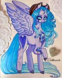 Size: 1628x2048 | Tagged: safe, artist:dollbunnie, derpibooru import, oc, oc only, pegasus, pony, black tears, bone, commission, cowboy hat, female, freckles, hat, horns, mare, solo, spread wings, tongue, tongue out, torn ear, traditional art, wings