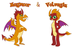 Size: 3381x2212 | Tagged: source needed, safe, anonymous artist, derpibooru import, oc, oc only, oc:magmoor, oc:volvagia, dragon, g4, brother, brother and sister, closed mouth, crossed arms, description is relevant, dragoness, duo, duo male and female, eyebrows, eyelashes, eyes open, family, female, freckles, hand on hip, happy, high res, horn, implied incest, incest, looking, looking at you, looking back, looking back at you, male, name, nostrils, offspring, parent:garble, parent:smolder, parents:smolble, product of incest, show accurate, siblings, simple background, sister, smiling, smiling at you, spread wings, standing, story included, symbol, teeth, text, transparent background, twins, vector, wall of tags, wings