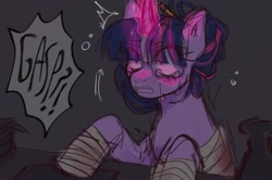 Size: 2048x1363 | Tagged: safe, artist:m4ycrowave, derpibooru import, twilight sparkle, alicorn, pony, g4, alternate universe, bandage, crying, dialogue, female, glasses, magic, mare, mlp infection, pencil, solo, speech bubble, waking up, wingless